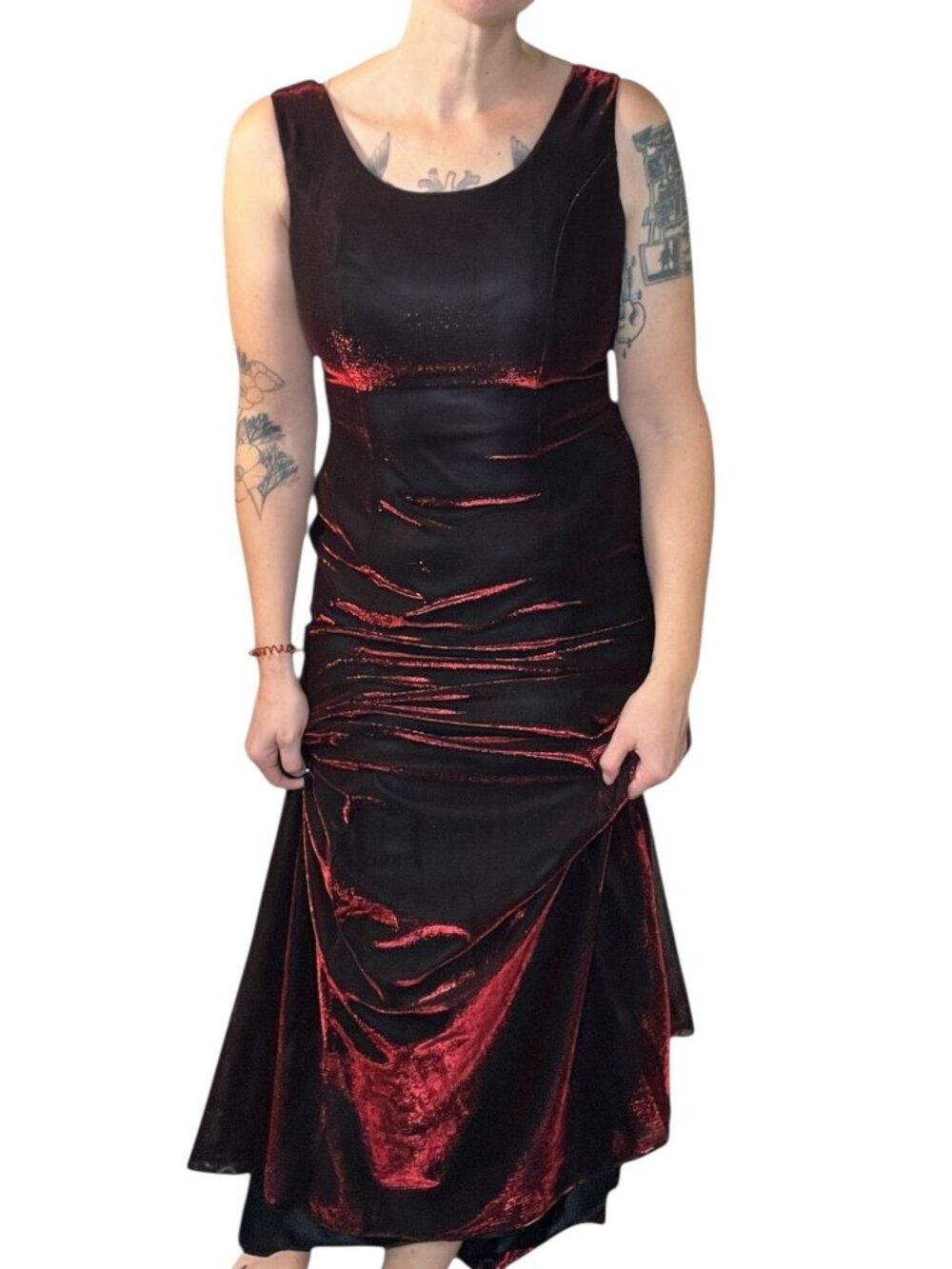 Vintage 90s Loralie Original Glitter Metallic Chiffon Maxi Dress Red Black 10